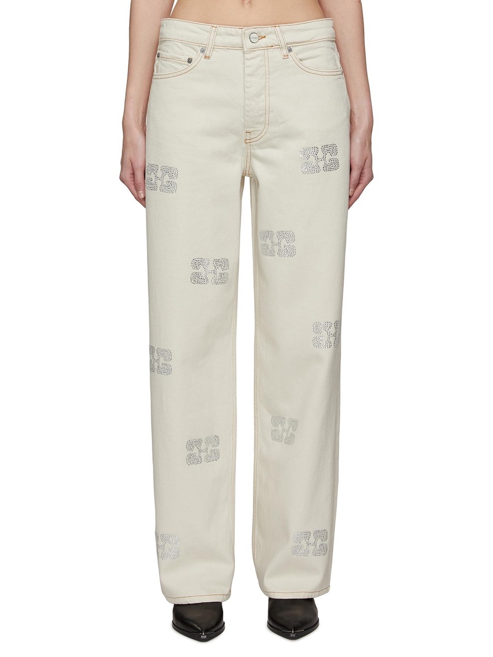 Cream Rhinestone Patch Wide-Leg Jeans